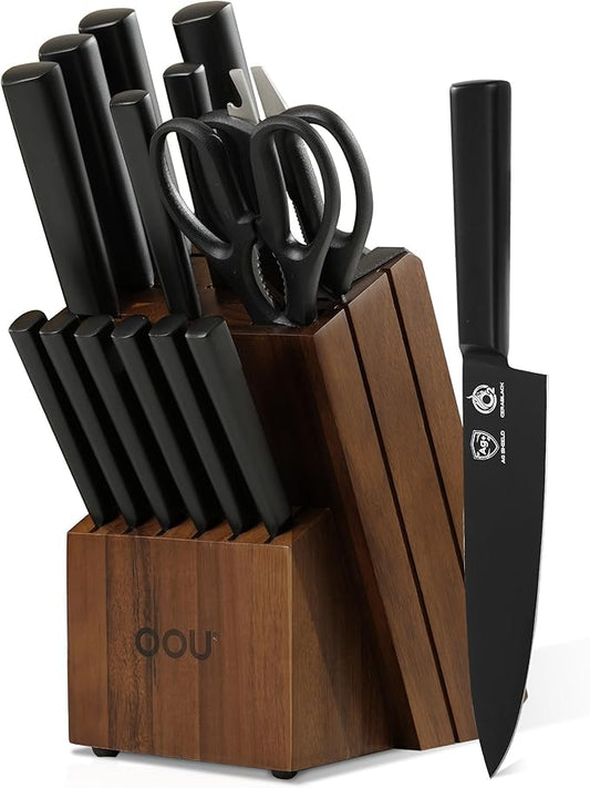 OOU Kitchen Knife Block Set - 15 Pieces High Carbon Stainless Steel Chef Knife Sets, Anti-Rust Black Knives Set with Built-in Sharpener Block, Brown
