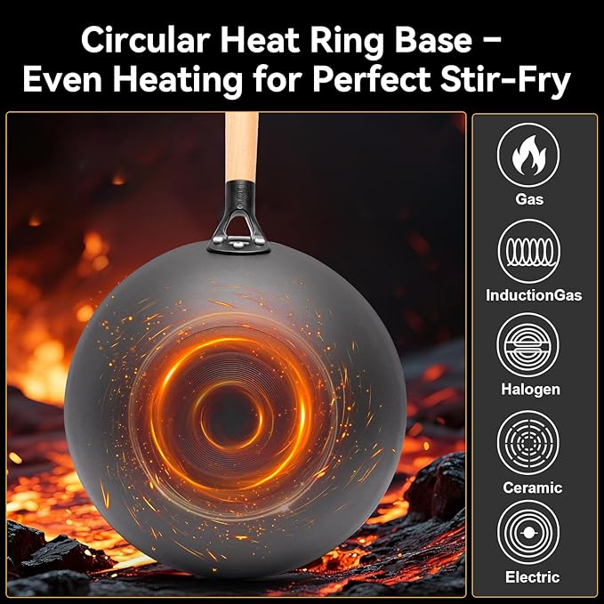 WANGYUANJI Lightweight Carbon Steel Wok with Lid, 12.6" Nitrided Stir Fry Pan - Pre-Seasoned & Rust-Resistant Iron Wok, Flat Bottom for Electric, Induction & Gas Stoves, Easy to Maneuver