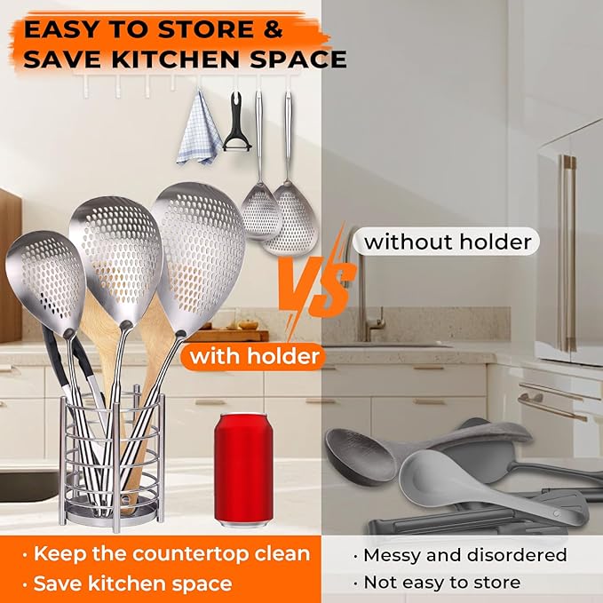 MARTE Skimmer Slotted Spoon Set of 4 - Kitchen Spaghetti Strainer Tool - Spider Strainer Skimmer Ladle Spoon with Holder for Cooking and Frying Food, Pasta, Vegetable, Dumpling - 14.8In,16.5In,17In