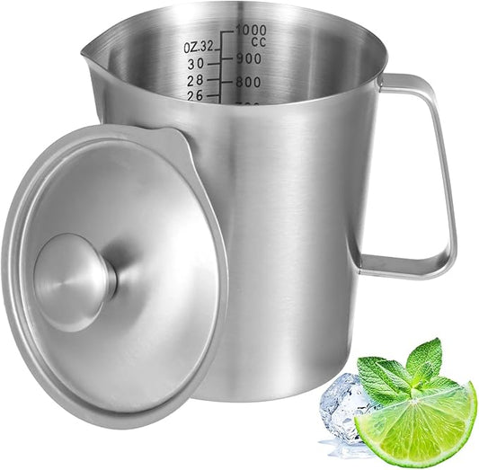 Stainless Steel Pitcher with Lid, 32 oz Measuring Cups with Dual-Scale Markings, Milk Frothing Jugs, Large Beakers for Espresso Machine, Hot/Cold Water, Latte Art, Iced Tea