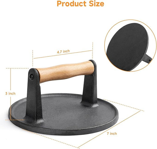 SHINESTAR Burger Press, 7" Cast Iron Smash Burger Press for Blackstone Griddle, Ideal for Patty, Burger, Bacon, Pre-Seasoned, Indoor and Outdoor Cooking, Round