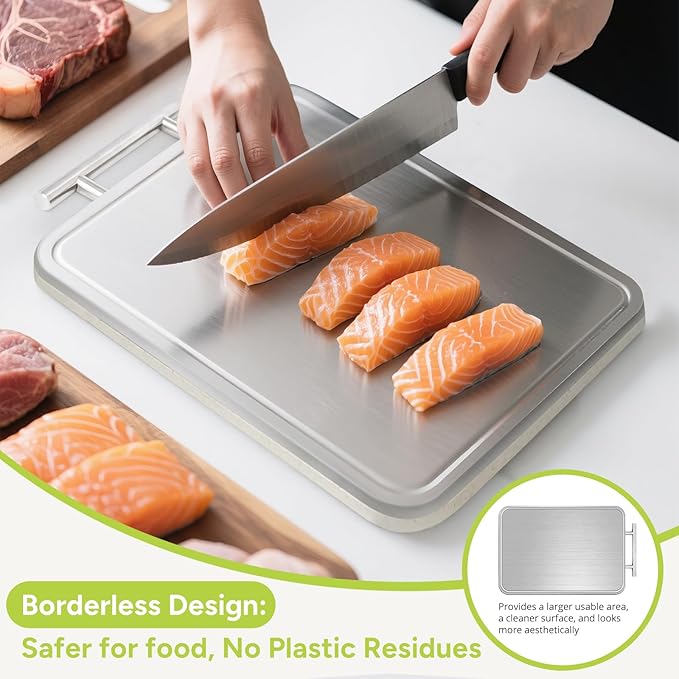 SOLMIO Stainless Steel Cutting Board for Kitchen, Double-Sided Chopping Board with Drip Groove, Food Grade Metal/Wheat Straw PP, Non Toxic Cutting Boards Scratch Resistant Dishwasher Safe