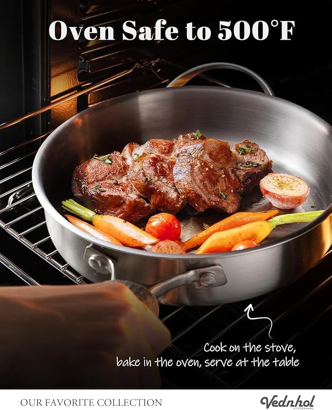 VEDNHOL Stainless Steel Saute Pan with Stainless Steel Lid 6-Quart,12-Inch Deep Skillet,Dishwasher&Oven Safe,Induction&All Stove Compatible,Brushed Finish