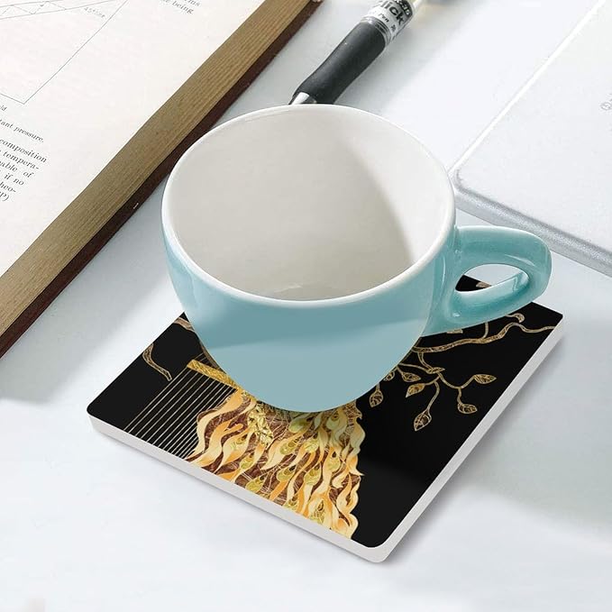 Square-4PCS Peacock Drink Coasters, Square Modern Ceramic Absorbent Coasters, Vintage Tree Branch Beautiful Gold Peacock Decor Desk Coffee Table Coaster for Beverage Cup Tea Coasters