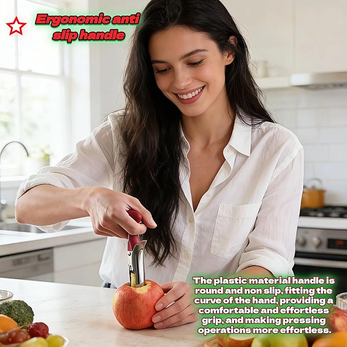 Apple Corer, Stainless Steel Apple Corer and Divider with Sharp Serrated Blade – Easy to Use – Core Remover Tool for Apples, Pears, Cupcakes – Heavy-Duty Kitchen Gadget for Baking, Cooking (Red)