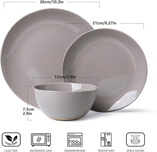 Dinnerware Sets for 6, 18 Pieces Stoneware Plates and Bowls Sets, Dishwasher&Microwave Safe,Modern Minimalist Tableware for Everyday Use, Grey