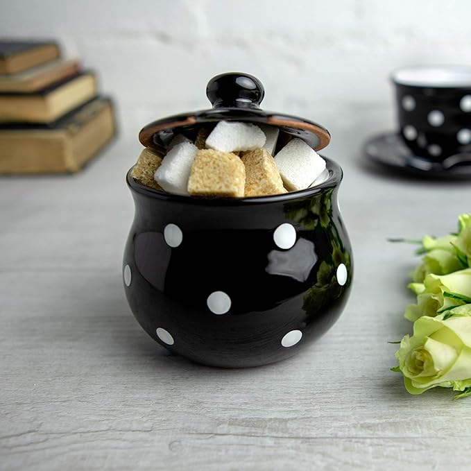 City to Cottage Ceramic Sugar Bowl with Lid, 10oz Sugar Contanier for Coffee Bar, Sugar Dispenser Bowl, Salt - Condiment Pot for Kitchen Counter, Handcrafted Black and White Polka Dot Sugar Jar