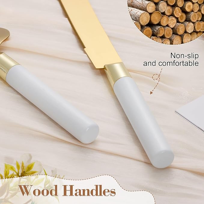 TUKDAK Gold Cake Cutting Set for Wedding, Wood Cake Knife & Server Set, Vintage 2-Piece Pie Cutter Serving Set, Serrated Pizza Utensils, Anniversary Birthday Bridal Gift (White)