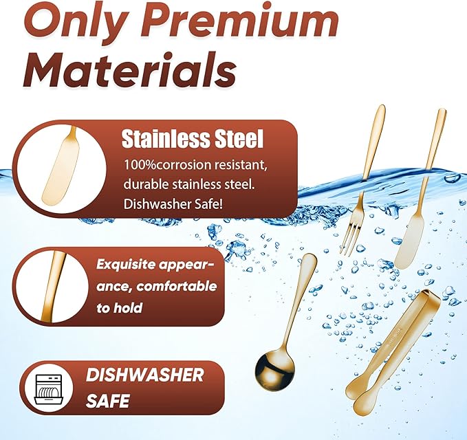 Patelai Charcuterie Boards Accessories Charcuterie Utensils Set Cheese Butter Spreader Knives Stainless Steel Mini Serving Tongs Spoons Forks and Toothpick Flags for Appetizers Pastry(Golden)