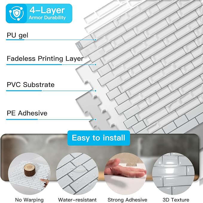 Art3d 10-Sheet Heavy-Duty Peel and Stick Backsplash, Waterproof Wall Tiles Stick on Kitchen Backsplash Living Space, White with Gray Grout