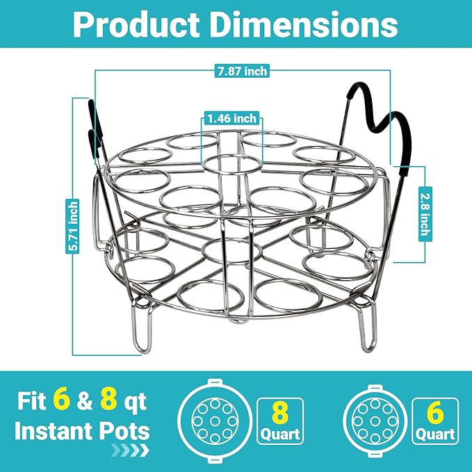 Stackable Egg Steamer Rack Compatible with Instant Pot 6qt & 8qt - 304 Stainless Steel Trivet with Heat-Resistant Handles, Holds 18 Eggs for Pressure Cooker & Pot, Multi-functional Cooling Rack