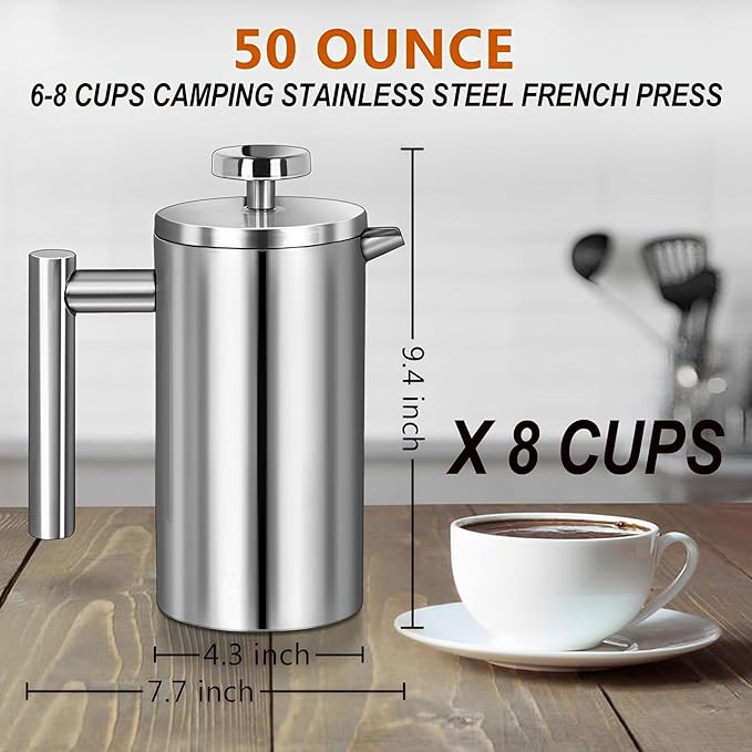 WORBIC Large French Press Coffee Maker 50oz (1.5L), 304 Stainless Steel Double Wall Insulated Tea Press for Camping, Backpacking, Party, Travel, Gift Set, Dishwasher Safe (Silver, 6-8 Cups)