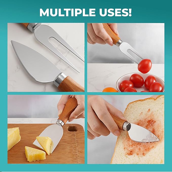 YUANQIAN Cheese Knife Set with Acacia Wood Handles - Cheese Knife, Spreader, Fork, Slicer - Mini Stainless Steel Cheese Tools for Charcuterie Boards (4Pcs/Set, S)