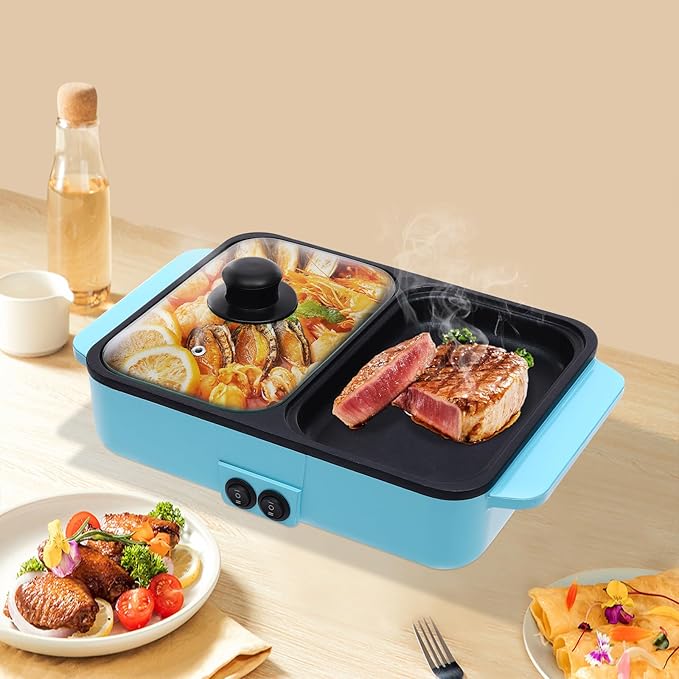 Hot Pot Electric Grill 2 in 1 Indoor Non-Stick and Griddle Korean BBQ Grill Hotpot Pot Electric Cooker Fast Heating Dual Temperature Control for BBQ, Steaks, Shabu Shabu and Noodles (Blue)