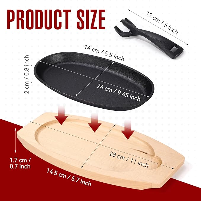 Mifoci 2 Pieces Oval Cast Iron Fajita Skillet Pan Set Small Sizzling Steak Plate with Wooden Base and Handle Cast Iron Fajita Skillet Sizzling Plate for Home(9.5 in X 5.5 in,Natural Wood,2 Pcs)