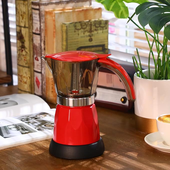 Lemosae Electric Espresso Maker Transparent Coffee Maker Electric Moka Pot Portable Aluminum Espresso Machine Italian Moka Pot with Detachable Base, Coffee Gift for Women Men Home Travel(Red,6 Cup)