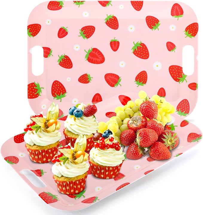 2Pcs Strawberry Serving Trays 16 x 11 Inch Large Melamine Strawberry Trays Platters with Handles Summer Berry Outdoor Food Trays Pink Serving Dishes for Strawberry Birthday Party Decorations
