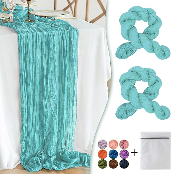 Teal Cheesecloth Table Runner 2 Pack 35" Boho Gauze Tablecloth Runner 120 inches Long Rustic Sheer Fabric Bulk for Baby Shower Wedding Bridal Birthday Party Picnic Table Decorations