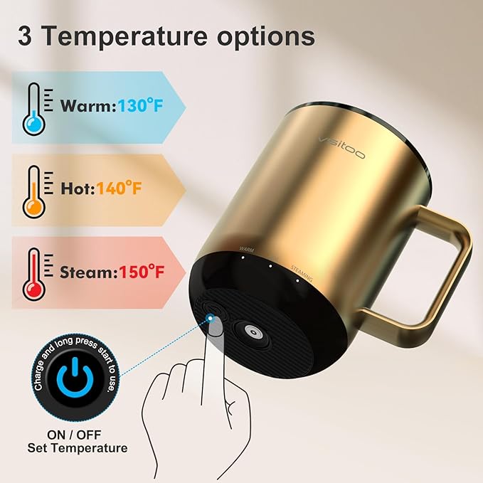 Vsitoo S3 Plus 14oz Heated Coffee Mug- Temperature Control Smart Mug with Mug Warmer, Auto-Sensing AI Heats Drinks to 120-150°F Hands-Free.Ideal for Home/Office/Gifts，Gold