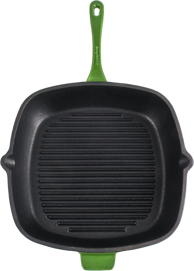 Berghoff Neo 2Pc Enameled Cast Iron Grill Set, Grill Pan 11 inches, Bacon/Steak Press 8 inches, Fast, Evenly Heat, Oven safe (Green)