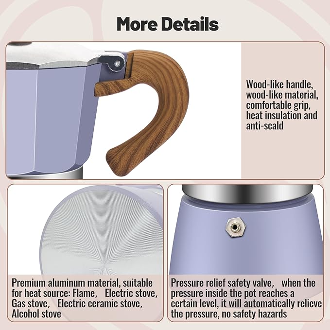 Vaolvpant 6 Cup Aluminum Moka Pot Classic Stovetop Espresso Coffee Maker 300ml 10oz Coffeemaker Percolator Mocha Pot Greca Coffee Maker Cafe Makers for Italian and Cuban Café Brewing Purple