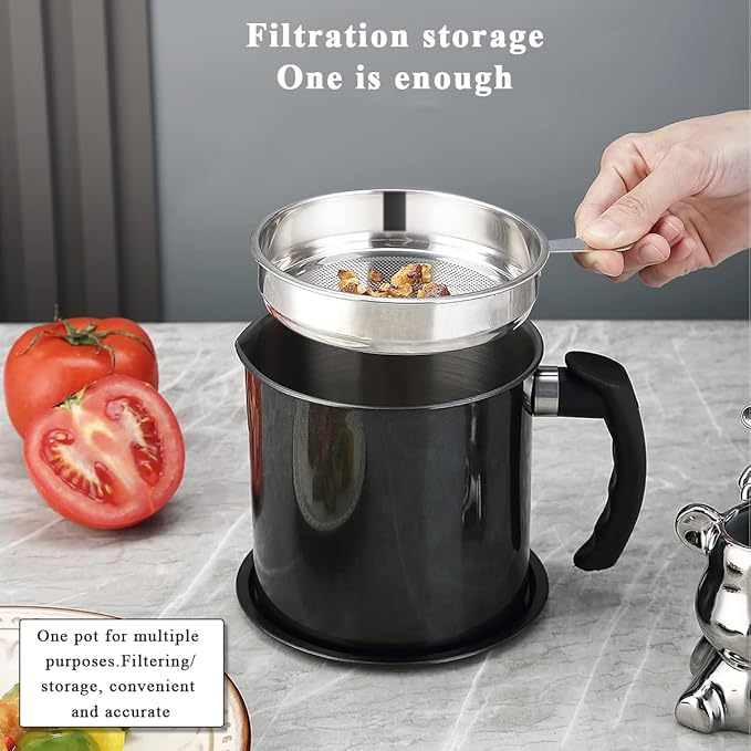 Berglander Black Bacon Grease Container With Strainer 47oz/1.4L, Stainless Steel Oil Storage Container with Fine Mesh Strainer Dust-proof for Storing Frying Oil and Cooking Fat, Cooker Accessories