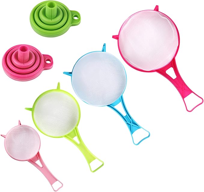 BENBO 4Pcs Plastic Mesh Strainer Colander Set, Food Soy Milk Flour Sieve Long Handle Icing Sugar Sifters Fine Strainer Tea Filter and 2 Pcs Silicone Foldable Funnel for Kitchen