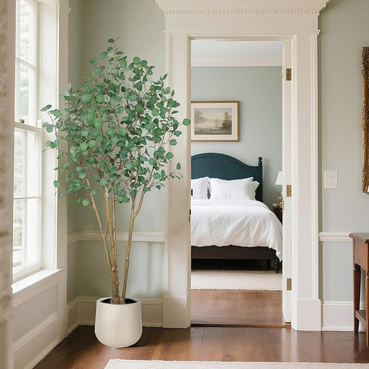 Artificial Eucalyptus Trees with White Planter, 7 FT Faux Eucalyptus Plants Indoor Tall Fake Floor Trees with Silk Leaves and Thick Trunk for Living Room Bedroom Corner Home Office Decoration