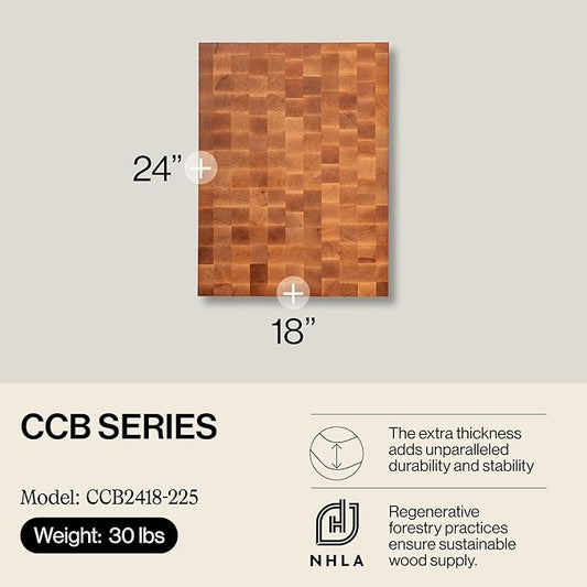 John Boos CCB Series Rectangular Wooden Maple Cutting Board 24”x18” – 2.25” Thick, 30-lb Reversible Butcher Block with End-Grain & Finger Grips – Made in the USA