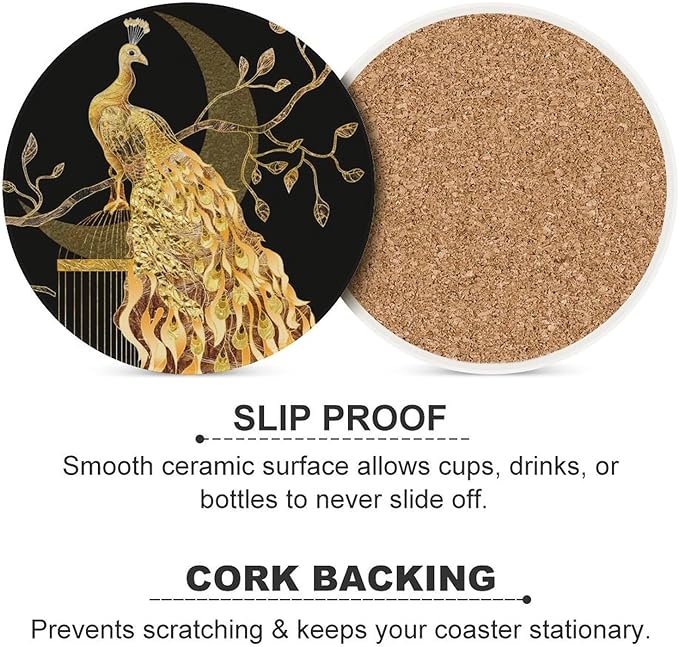 Round-4PCS Peacock Drink Coasters, Round Modern Ceramic Absorbent Coasters, Vintage Tree Branch Beautiful Gold Peacock Decor Desk Coffee Table Coaster for Beverage Cup Tea Coasters