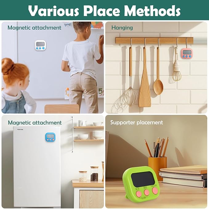Kitchen Timers 4 Pack, Electronic Timers with Loud Alarm for Cooking, Magnetic Digital Timers Big LCD Display Blue Green Pink White (No Battery Included)