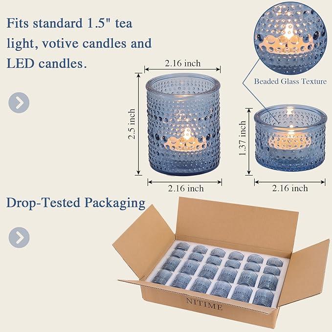 Blue Glass Votive Candle Holders Set of 24, Assorted Heights Polka Dot Tealight Candle Holders for Table Centerpiece, Blue Candle Holder Decor for Wedding, Baby Shower Party & Spa