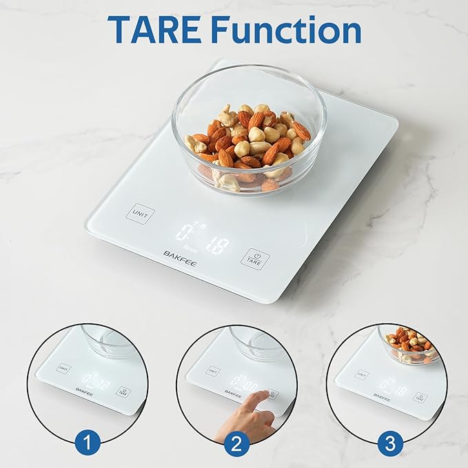 BAKFEE IP67 Waterproof Food Scale with Tempered Glass Surface, 22lb Kitchen Scale 1g Precision, USB Rechargeable, LED Display, Grams and Ounces, for Baking, Cooking, Making Sourdough Bread. White