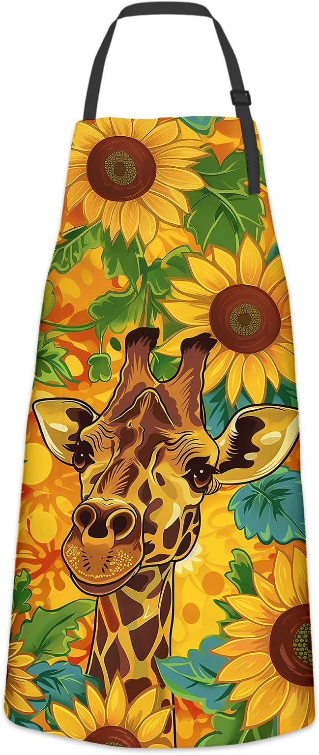 Giraffe and Sunflower Apron for Women Men, Cooking BBQ Chef Polyester Lightweight Floral Giraffe Aprons with Pockets for Baking Kitchen Gardening Cleaning, Adjustable Neck Strap, 28×33inch