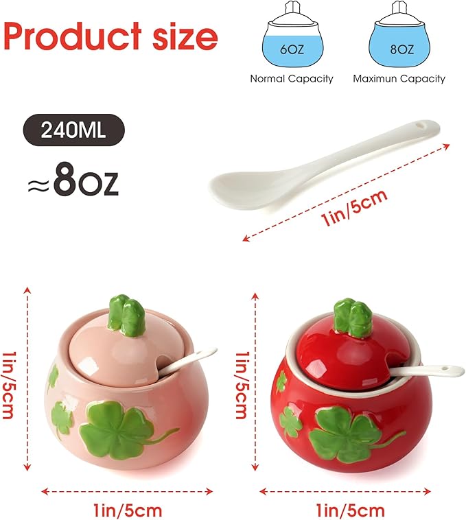 Ceramic Sugar Bowl Set of 2, Four-Leaf Clover Print Sugar and Salt Container with Lid and Spoon, Pink Red Decorative Spice Jar for Kitchen/Tea Time, Dishwasher Safe