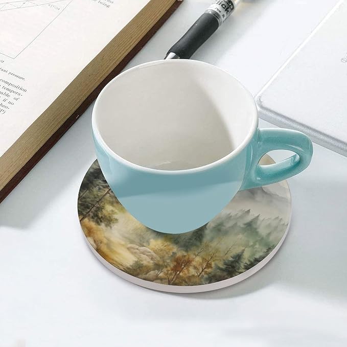 Round-6PCS Forest Ceramic Coasters, Round Absorbent Drink Coasters, Watercolor Mountain Forest Nature Tree Woodland Ceramic Table Coasters for Coffee, Beverage, Wine, Beer Coasters