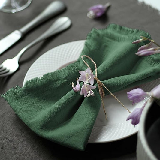 Handmade Cloth Napkins 100% Cotton Napkins with Fringe，Delicate Handmade Cloth Napkins for Dinners, Parties, Weddings and More，18 x 18 Inch Set of 12 - Green