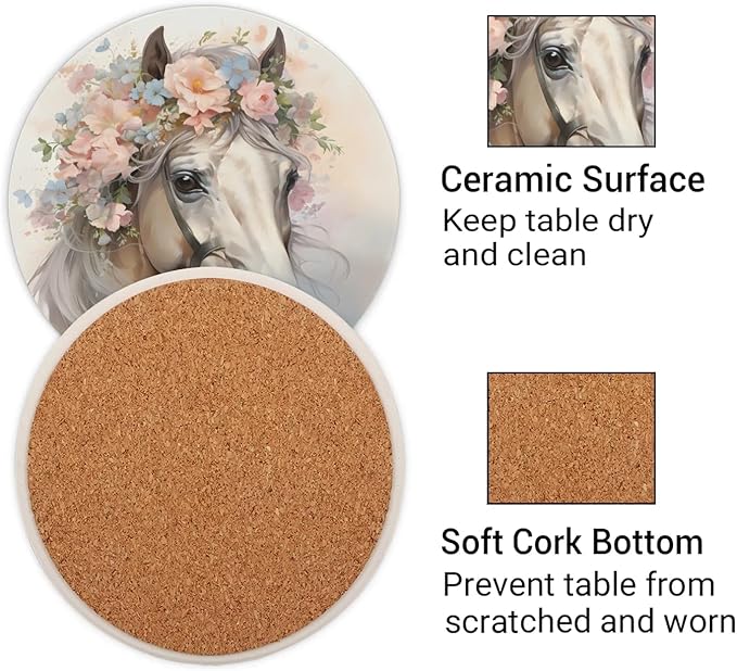 Round Coasters Set of 2, Horse Wearing Flowers Absorbent Ceramic Coaster with Cork Base, Bar Coasters for Drinks Coffee Mugs Tea Cups Wine Glasses Home Decor Gifts (4 inches)