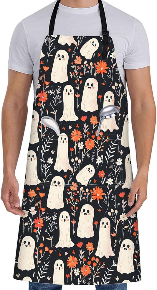 Cute Ghost Apron for Women with Floral,28x33in,Gothic Kitchen Aprons with 2 Pockets, Oxford Fabric, Goth Halloween Adjustable Apron for Cooking Baking Gardening Chef,Gifts for Mom Wife