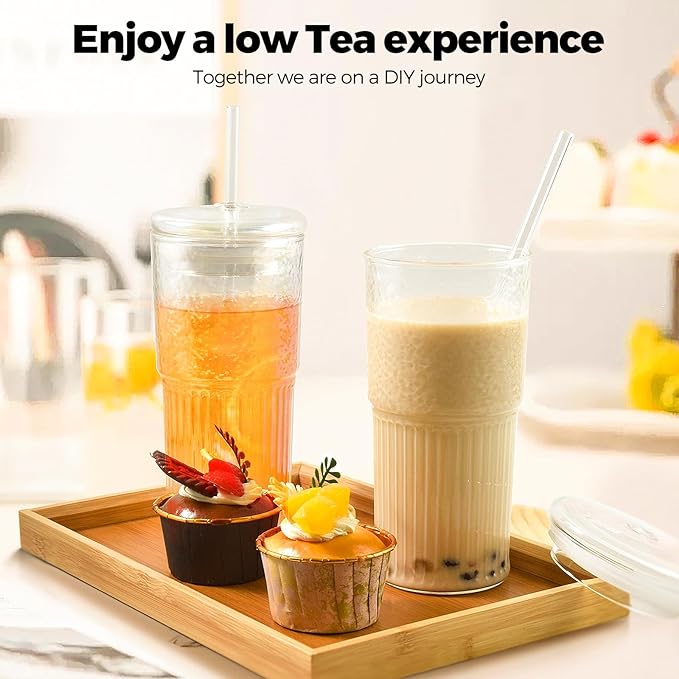 2PCS Glass Cups with Lids and Glass Straws, 20OZ Iced Coffee Cups, Home Essential and Coffee Bar Accessories Borosilicate Glass Tumblers with Lid and Straw for Beer, Cocktail, Tea and Latte, Clear