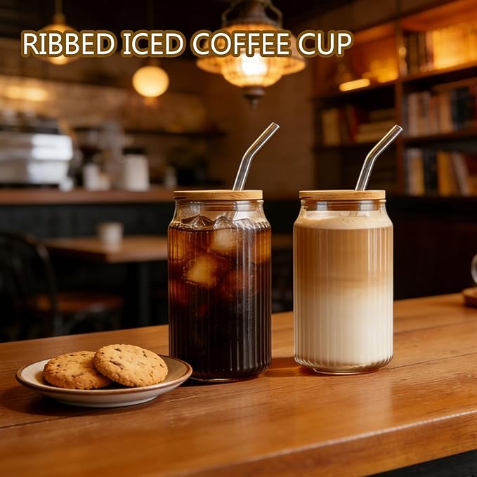 2 PCS Glass cups with Lids and Straws, 16 OZ Iced Coffee Cups, Ribbed Glass Tumbler with Straw and Bamboo Lid, Thick Drinking Beer Glasses for Coffee, Juice, Match Cup with Cleaning Brush (Yellow)