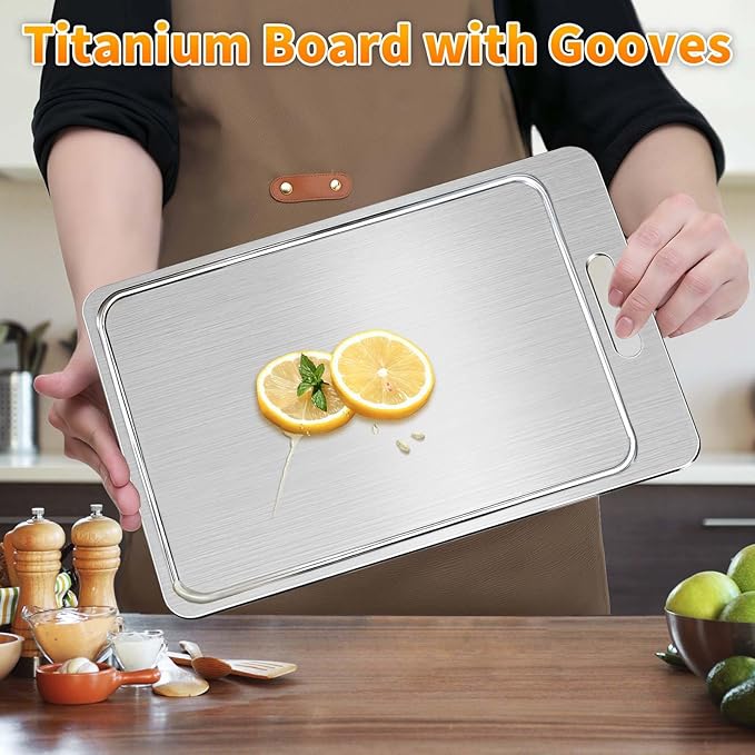 ZYBIDEAL 2025 New 100% Pure Titanium Cutting Board with Grooves, Double Sided Food Grade Chopping Board, Meat, Fruit and Vegetable Cutting Board, Dishwasher Safe (13.7 * 10.2")
