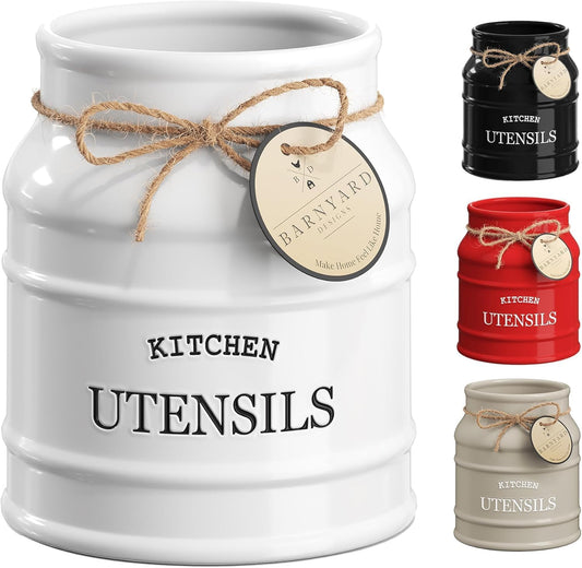 Barnyard Designs Ceramic Farmhouse Utensil Holder for Kitchen Counter, Large Rustic Utensil Crock, Countertop Cooking Tool Spatula Organizer, 6.75” (White)