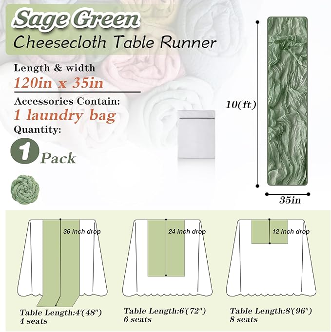 Sage Green Cheesecloth Table Runner 1 Pack 35" Boho Gauze Table Runner 120 inches Long Runner Rustic Sheer Fabric Bulk for Baby Shower Wedding Bridal Birthday Party Table Decorations