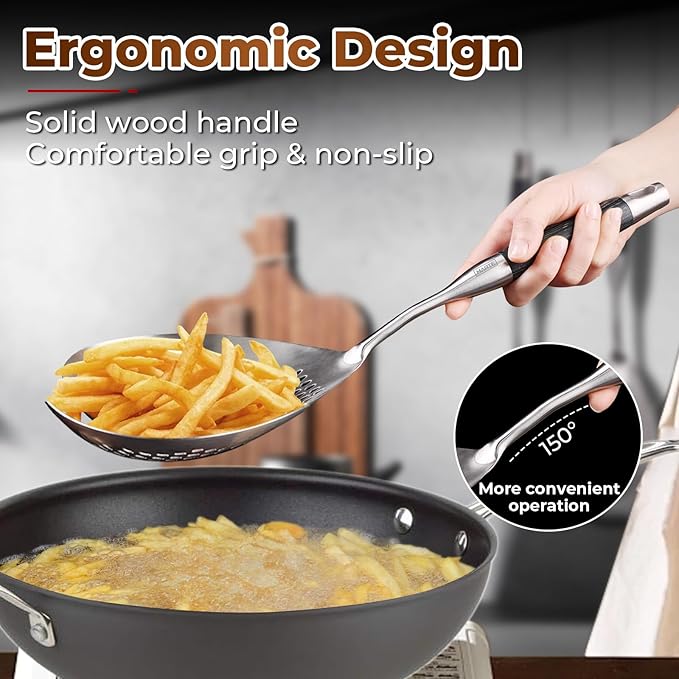 MARTE Skimmer Slotted Spoon -17in 304 Stainless Steel Pasta Spider Strainer Skimmer Ladle Spoon for Cooking and Frying - Large Kitchen Metal Scoop Colander Strainer Spoon with Black Wooden Handle