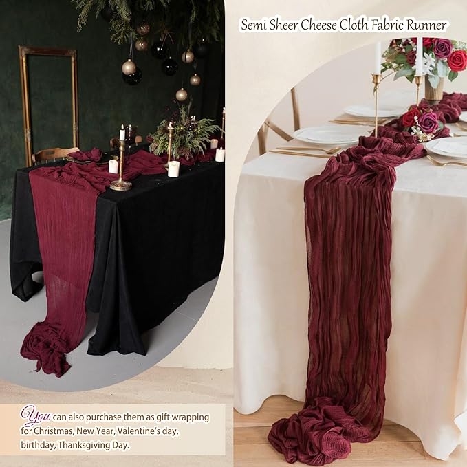 4 Pcs Burgundy Christmas Cheesecloth Table Runner 10Ft, Gauze Table Runners 21.5 x 120 inch, Semi Sheer Cheese Cloth Fabric Runner Bulk for Wedding,Party,Baby Shower,Bridal Shower