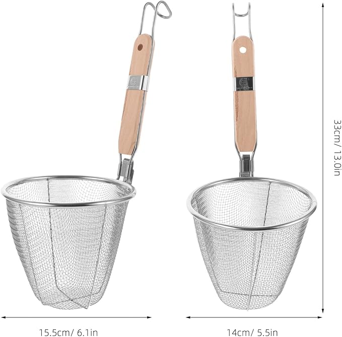Stainless Steel Pasta Strainer Basket with Wooden Handle 13 Inch Noodle Skimmer Spoon for Cooking Dumplings Hot Pot and Food Draining
