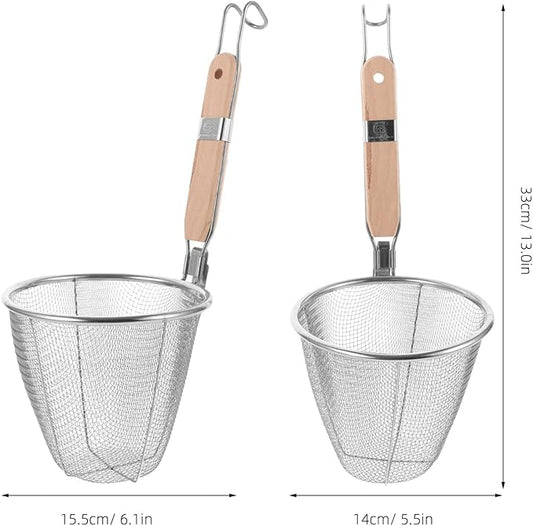 Stainless Steel Pasta Strainer Basket with Wooden Handle 13 Inch Noodle Skimmer Spoon for Cooking Dumplings Hot Pot and Food Draining