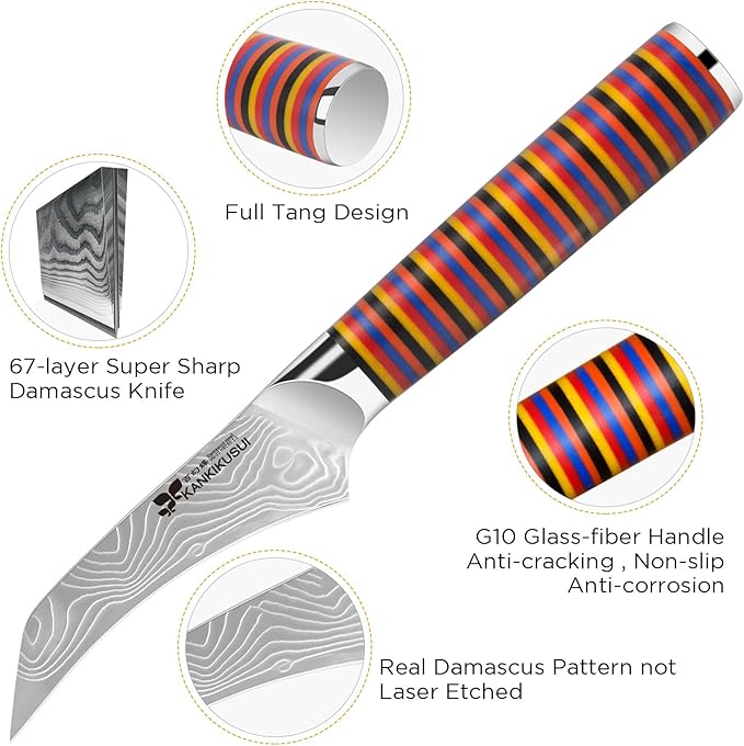 KANKIKUSUI Paring Knives Damascus Forged, 3.9" Fruit Knife, Japanese VG-10 Super Steel 67 Layer Damascus Steel, Fiberglass Cloth and Epoxy Resin Composite Handle