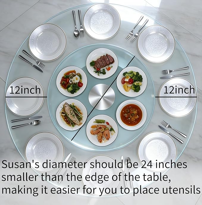 24" Glass Lazy Susan for Dining Table, Glass Turntable Table Centerpiece with 6 Rotating Wheels, 360° Smooth and Silent Spin Tabletop Rotating Tray, for Family Gatherings, Banquets, Weddings, 61 cm